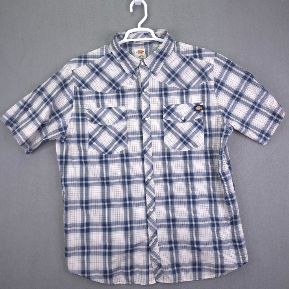 Dickies Western Shirt Pearl Snap Plaid Blue White 2XL Cotton Short Sleeve